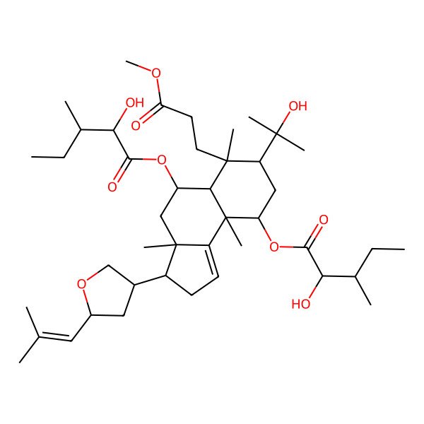 2D Structure of [5-(2-Hydroxy-3-methylpentanoyl)oxy-7-(2-hydroxypropan-2-yl)-6-(3-methoxy-3-oxopropyl)-3a,6,9a-trimethyl-3-[5-(2-methylprop-1-enyl)oxolan-3-yl]-2,3,4,5,5a,7,8,9-octahydrocyclopenta[a]naphthalen-9-yl] 2-hydroxy-3-methylpentanoate