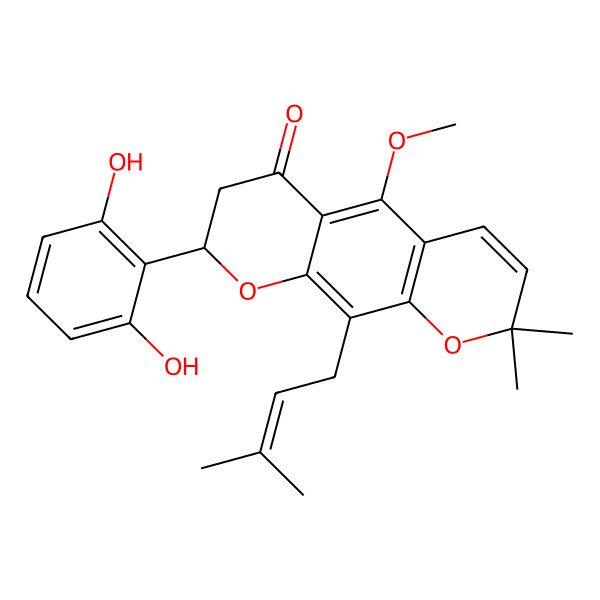 2D Structure of 8-(2,6-Dihydroxyphenyl)-5-methoxy-2,2-dimethyl-10-(3-methylbut-2-enyl)-7,8-dihydropyrano[3,2-g]chromen-6-one