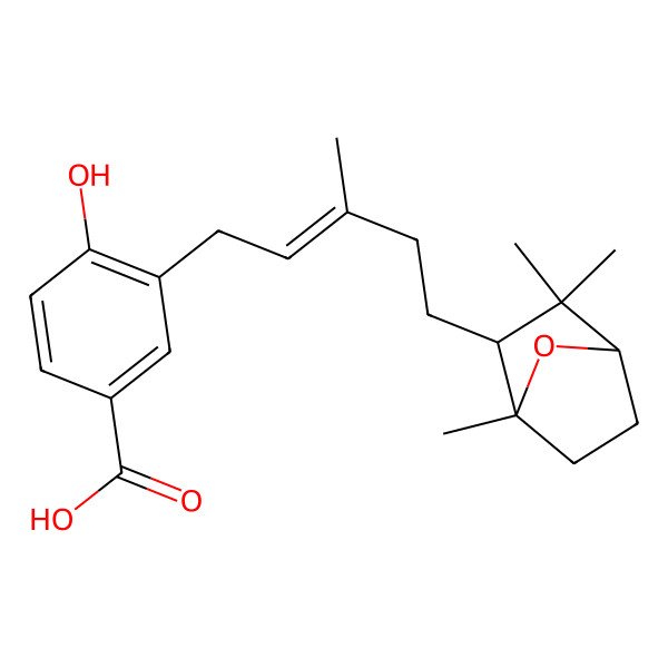 2D Structure of 4-hydroxy-3-[(E)-3-methyl-5-[(1R,2S,4S)-1,3,3-trimethyl-7-oxabicyclo[2.2.1]heptan-2-yl]pent-2-enyl]benzoic acid