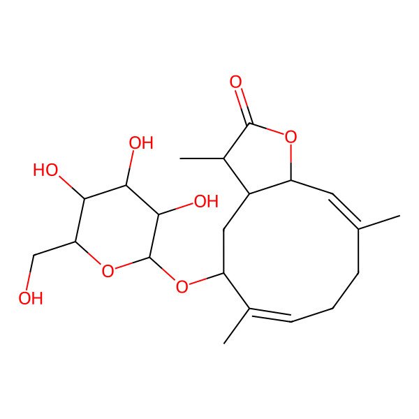 2D Structure of (3R,3aS,5S,6Z,10E,11aR)-3,6,10-trimethyl-5-[(2R,3S,4S,5S,6R)-3,4,5-trihydroxy-6-(hydroxymethyl)oxan-2-yl]oxy-3a,4,5,8,9,11a-hexahydro-3H-cyclodeca[b]furan-2-one