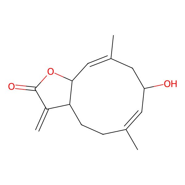 2D Structure of (3aR,6E,8S,10E,11aS)-8-hydroxy-6,10-dimethyl-3-methylene-3a,4,5,8,9,11a-hexahydrocyclodeca[b]furan-2-one