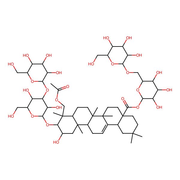 2D Structure of [(2S,3R,4S,5S,6R)-3,4,5-trihydroxy-6-[[(2S,3R,4S,5S,6R)-3,4,5-trihydroxy-6-(hydroxymethyl)oxan-2-yl]oxymethyl]oxan-2-yl] (4aS,6aR,6aS,6bR,8aR,9R,10R,11S,12aR,14bS)-9-(acetyloxymethyl)-10-[(2R,3R,4S,5R,6R)-3,5-dihydroxy-6-(hydroxymethyl)-4-[(2S,3R,4S,5S,6R)-3,4,5-trihydroxy-6-(hydroxymethyl)oxan-2-yl]oxyoxan-2-yl]oxy-11-hydroxy-2,2,6a,6b,9,12a-hexamethyl-1,3,4,5,6,6a,7,8,8a,10,11,12,13,14b-tetradecahydropicene-4a-carboxylate