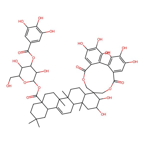 2D Structure of [3,5-Dihydroxy-6-(hydroxymethyl)-4-(3,4,5-trihydroxybenzoyl)oxyoxan-2-yl] 3',4',5',10,11,17',18',19'-octahydroxy-2,2,6a,6b,12a-pentamethyl-8',14'-dioxospiro[1,3,4,5,6,6a,7,8,8a,10,11,12,13,14b-tetradecahydropicene-9,11'-9,13-dioxatricyclo[13.4.0.02,7]nonadeca-1(19),2,4,6,15,17-hexaene]-4a-carboxylate