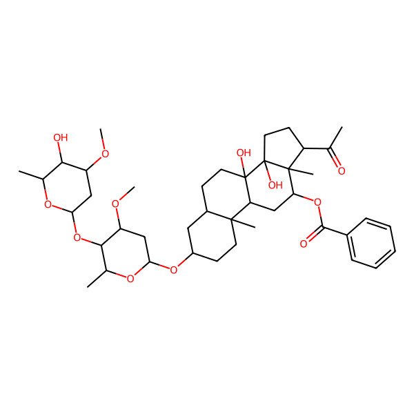 2D Structure of [(3S,5S,8S,10S,12R,13S,14R,17S)-17-acetyl-8,14-dihydroxy-3-[5-(5-hydroxy-4-methoxy-6-methyloxan-2-yl)oxy-4-methoxy-6-methyloxan-2-yl]oxy-10,13-dimethyl-2,3,4,5,6,7,9,11,12,15,16,17-dodecahydro-1H-cyclopenta[a]phenanthren-12-yl] benzoate