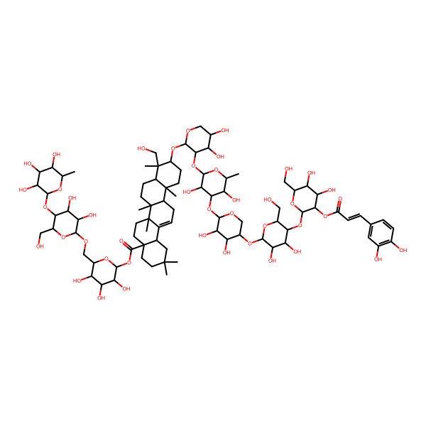 2D Structure of [(2S,3R,4S,5S,6R)-6-[[(2R,3R,4S,5S,6R)-3,4-dihydroxy-6-(hydroxymethyl)-5-[(2S,3R,4R,5R,6S)-3,4,5-trihydroxy-6-methyloxan-2-yl]oxyoxan-2-yl]oxymethyl]-3,4,5-trihydroxyoxan-2-yl] (4aS,6aR,6aS,6bR,8aR,9R,10S,12aR,14bS)-10-[(2R,3S,4S,5R)-3-[(2S,3R,4R,5S,6S)-4-[(2S,3R,4S,5R)-5-[(2R,3R,4S,5S,6R)-5-[(2S,3R,4S,5S,6R)-3-[(E)-3-(3,4-dihydroxyphenyl)prop-2-enoyl]oxy-4,5-dihydroxy-6-(hydroxymethyl)oxan-2-yl]oxy-3,4-dihydroxy-6-(hydroxymethyl)oxan-2-yl]oxy-3,4-dihydroxyoxan-2-yl]oxy-3,5-dihydroxy-6-methyloxan-2-yl]oxy-4,5-dihydroxyoxan-2-yl]oxy-9-(hydroxymethyl)-2,2,6a,6b,9,12a-hexamethyl-1,3,4,5,6,6a,7,8,8a,10,11,12,13,14b-tetradecahydropicene-4a-carboxylate