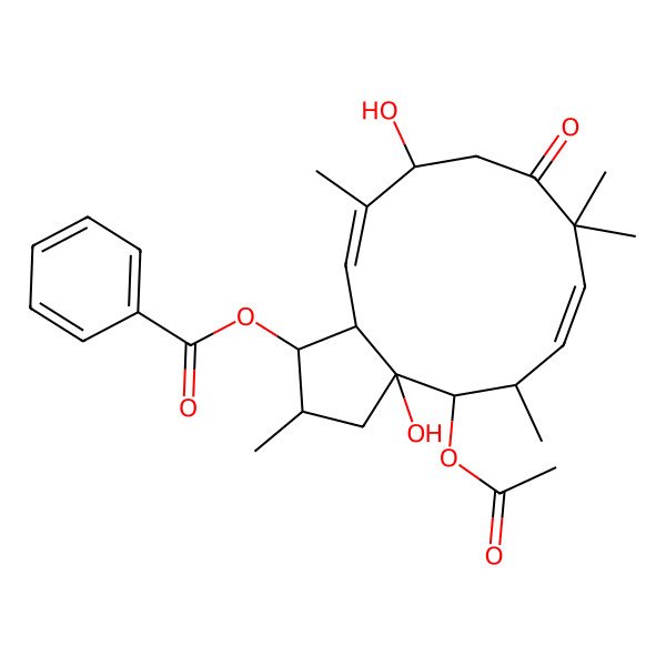 2D Structure of [(1S,2R,3aR,4R,5R,6E,11R,12E,13aS)-4-acetyloxy-3a,11-dihydroxy-2,5,8,8,12-pentamethyl-9-oxo-1,2,3,4,5,10,11,13a-octahydrocyclopenta[12]annulen-1-yl] benzoate