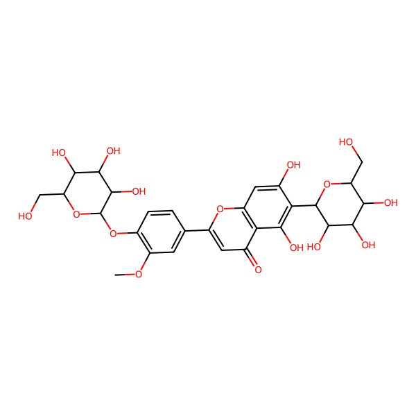 2D Structure of 5,7-dihydroxy-2-[3-methoxy-4-[(2S,3R,4S,5S,6R)-3,4,5-trihydroxy-6-(hydroxymethyl)oxan-2-yl]oxyphenyl]-6-[(2S,3S,4R,5S,6R)-3,4,5-trihydroxy-6-(hydroxymethyl)oxan-2-yl]chromen-4-one