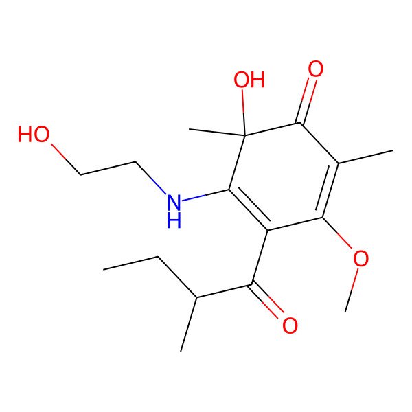 2D Structure of (6S)-6-hydroxy-5-(2-hydroxyethylamino)-3-methoxy-2,6-dimethyl-4-[(2R)-2-methylbutanoyl]cyclohexa-2,4-dien-1-one