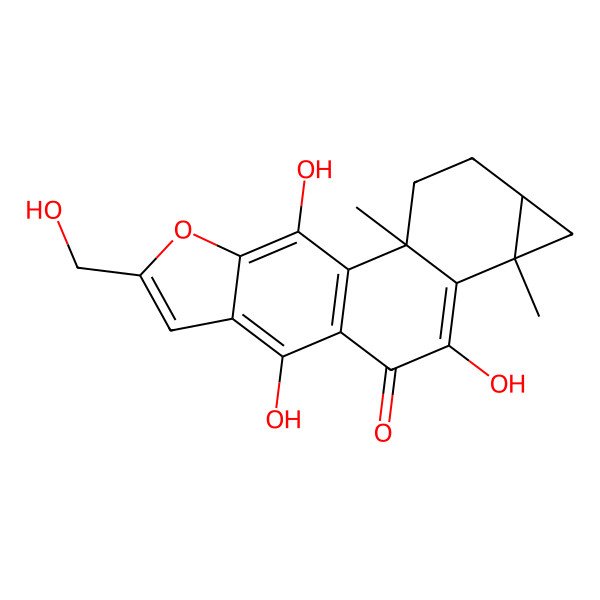 2D Structure of 9,12,18-Trihydroxy-15-(hydroxymethyl)-2,7-dimethyl-16-oxapentacyclo[9.7.0.02,8.05,7.013,17]octadeca-1(11),8,12,14,17-pentaen-10-one