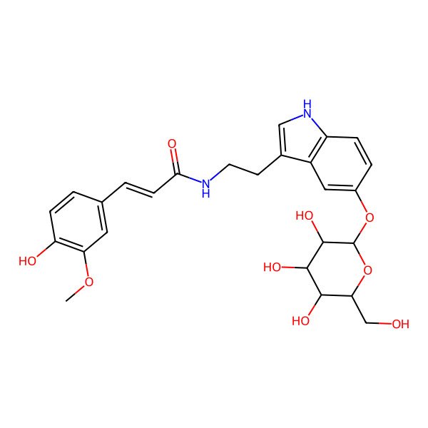 2D Structure of (E)-3-(4-hydroxy-3-methoxyphenyl)-N-[2-[5-[(2S,3R,4S,5S,6R)-3,4,5-trihydroxy-6-(hydroxymethyl)oxan-2-yl]oxy-1H-indol-3-yl]ethyl]prop-2-enamide