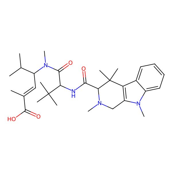 2D Structure of (Z)-4-[[3,3-dimethyl-2-[(2,4,4,9-tetramethyl-1,3-dihydropyrido[3,4-b]indole-3-carbonyl)amino]butanoyl]-methylamino]-2,5-dimethylhex-2-enoic acid