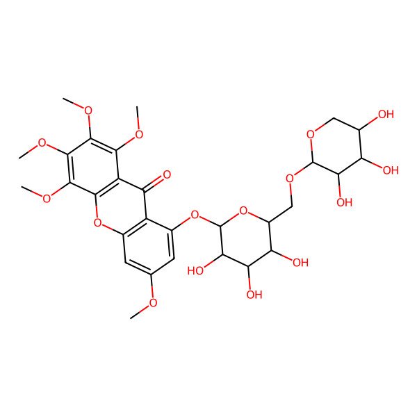 2D Structure of 1,2,3,4,6-Pentamethoxy-8-[3,4,5-trihydroxy-6-[(3,4,5-trihydroxyoxan-2-yl)oxymethyl]oxan-2-yl]oxyxanthen-9-one