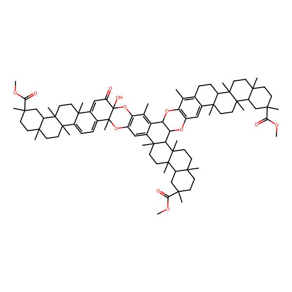 2D Structure of Trimethyl 67-hydroxy-5,10,13,16,19,22,29,32,35,38,41,46,51,54,57,60,63,70-octadecamethyl-66-oxo-3,26,45,68-tetraoxaheptadecacyclo[40.28.0.02,27.04,25.06,23.09,22.010,19.013,18.028,41.029,38.032,37.044,69.046,67.047,64.050,63.051,60.054,59]heptaconta-1(70),4(25),5,23,42,44(69),47,49,64-nonaene-16,35,57-tricarboxylate
