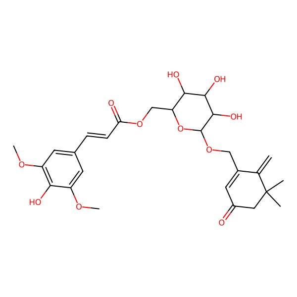 2D Structure of [6-[(5,5-Dimethyl-6-methylidene-3-oxocyclohexen-1-yl)methoxy]-3,4,5-trihydroxyoxan-2-yl]methyl 3-(4-hydroxy-3,5-dimethoxyphenyl)prop-2-enoate
