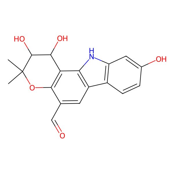 2D Structure of 1,2,9-trihydroxy-3,3-dimethyl-2,11-dihydro-1H-pyrano[3,2-a]carbazole-5-carbaldehyde