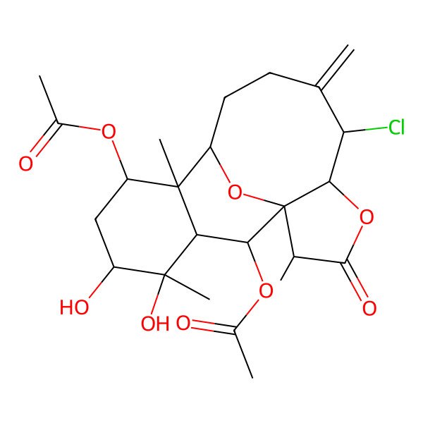 2D Structure of [(1R,2R,5R,6S,10S,11S,12S,14R,15S,16S,17R)-17-acetyloxy-6-chloro-14,15-dihydroxy-2,11,15-trimethyl-7-methylidene-3-oxo-4,18-dioxatetracyclo[8.7.1.01,5.011,16]octadecan-12-yl] acetate