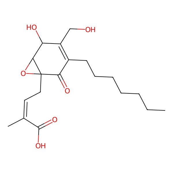 2D Structure of (E)-4-[(1R,5R,6R)-3-heptyl-5-hydroxy-4-(hydroxymethyl)-2-oxo-7-oxabicyclo[4.1.0]hept-3-en-1-yl]-2-methylbut-2-enoic acid