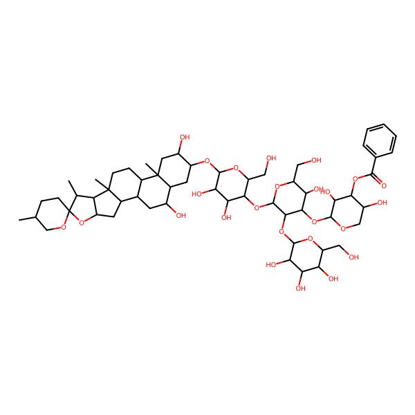2D Structure of [2-[2-[6-(15,19-Dihydroxy-5',7,9,13-tetramethylspiro[5-oxapentacyclo[10.8.0.02,9.04,8.013,18]icosane-6,2'-oxane]-16-yl)oxy-4,5-dihydroxy-2-(hydroxymethyl)oxan-3-yl]oxy-5-hydroxy-6-(hydroxymethyl)-3-[3,4,5-trihydroxy-6-(hydroxymethyl)oxan-2-yl]oxyoxan-4-yl]oxy-3,5-dihydroxyoxan-4-yl] benzoate