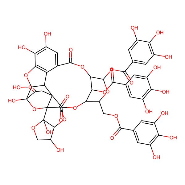 2D Structure of [(1'S,3S,3aR,4'R,5'R,6S,6aS,7'S,8'R,17'R,18'R,19'S,25'S)-3,6a,13',14',18',19'-hexahydroxy-2',5,10',23'-tetraoxo-7',25'-bis[(3,4,5-trihydroxybenzoyl)oxy]spiro[3,3a-dihydro-2H-furo[3,2-b]furan-6,21'-3,6,9,20,24-pentaoxahexacyclo[17.2.2.14,8.115,18.01,17.011,16]pentacosa-11,13,15-triene]-5'-yl]methyl 3,4,5-trihydroxybenzoate