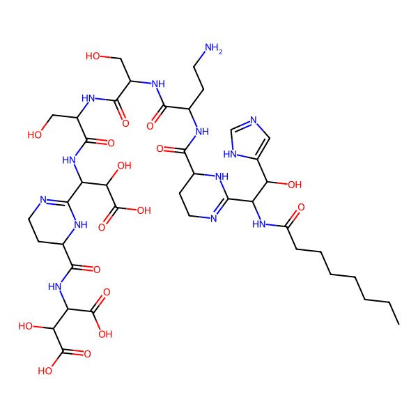 2D Structure of 2-[[2-[1-[[2-[[2-[[4-amino-2-[[2-[2-hydroxy-2-(1H-imidazol-5-yl)-1-(octanoylamino)ethyl]-1,4,5,6-tetrahydropyrimidine-6-carbonyl]amino]butanoyl]amino]-3-hydroxypropanoyl]amino]-3-hydroxypropanoyl]amino]-2-carboxy-2-hydroxyethyl]-1,4,5,6-tetrahydropyrimidine-6-carbonyl]amino]-3-hydroxybutanedioic acid