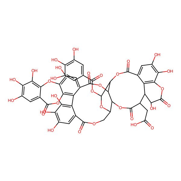2D Structure of 2-[13,14,15,23,24,25,29,40,44,45-Decahydroxy-2,10,20,32,37,41-hexaoxo-5-(3,4,5-trihydroxybenzoyl)oxy-3,6,9,19,27,33,36,42-octaoxanonacyclo[37.7.1.04,34.07,35.011,16.017,31.018,28.021,26.043,47]heptatetraconta-1(46),11,13,15,17,21,23,25,28,30,43(47),44-dodecaen-38-yl]acetic acid