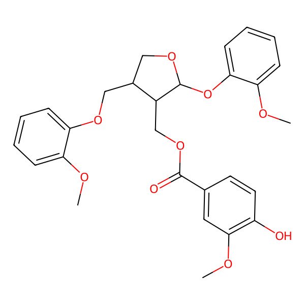 2D Structure of [(2S,3R,4S)-2-(2-methoxyphenoxy)-4-[(2-methoxyphenoxy)methyl]oxolan-3-yl]methyl 4-hydroxy-3-methoxybenzoate