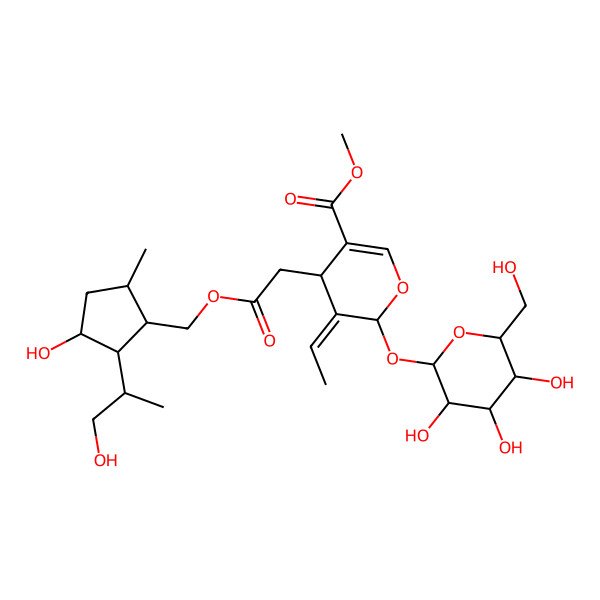 2D Structure of methyl (4S,5E,6S)-5-ethylidene-4-[2-[[(1R,2S,3S,5S)-3-hydroxy-2-[(2S)-1-hydroxypropan-2-yl]-5-methylcyclopentyl]methoxy]-2-oxoethyl]-6-[(2S,3R,4S,5S,6R)-3,4,5-trihydroxy-6-(hydroxymethyl)oxan-2-yl]oxy-4H-pyran-3-carboxylate