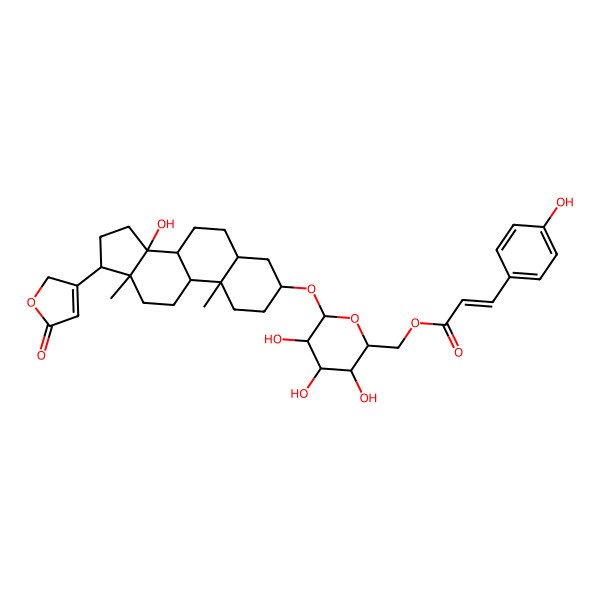 2D Structure of [(2S,3R,4R,5R,6S)-3,4,5-trihydroxy-6-[[(3S,5S,8S,9R,10R,13S,14R,17S)-14-hydroxy-10,13-dimethyl-17-(5-oxo-2H-furan-3-yl)-1,2,3,4,5,6,7,8,9,11,12,15,16,17-tetradecahydrocyclopenta[a]phenanthren-3-yl]oxy]oxan-2-yl]methyl (E)-3-(4-hydroxyphenyl)prop-2-enoate