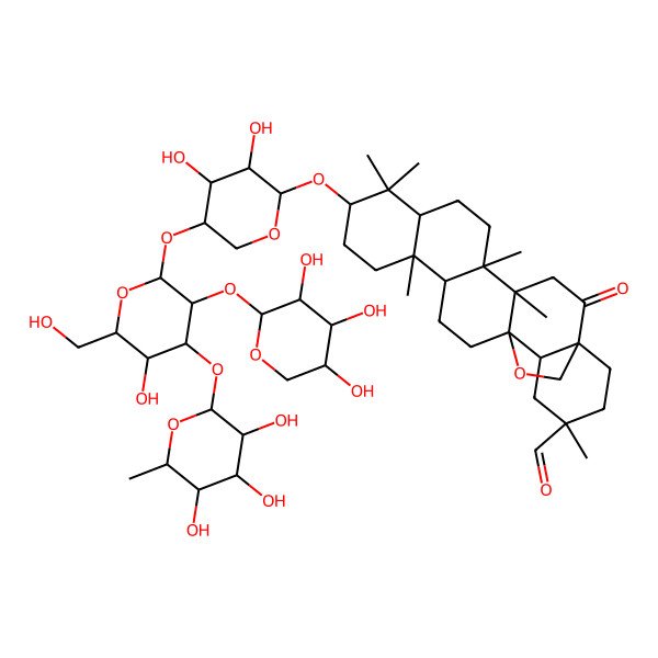 2D Structure of (1S,4S,5R,8R,10S,13R,14R,17S,18R,20S)-10-[(2S,3R,4R,5S)-3,4-dihydroxy-5-[(2S,3R,4S,5R,6R)-5-hydroxy-6-(hydroxymethyl)-4-[(2S,3R,4R,5R,6S)-3,4,5-trihydroxy-6-methyloxan-2-yl]oxy-3-[(2S,3R,4S,5R)-3,4,5-trihydroxyoxan-2-yl]oxyoxan-2-yl]oxyoxan-2-yl]oxy-4,5,9,9,13,20-hexamethyl-2-oxo-24-oxahexacyclo[15.5.2.01,18.04,17.05,14.08,13]tetracosane-20-carbaldehyde