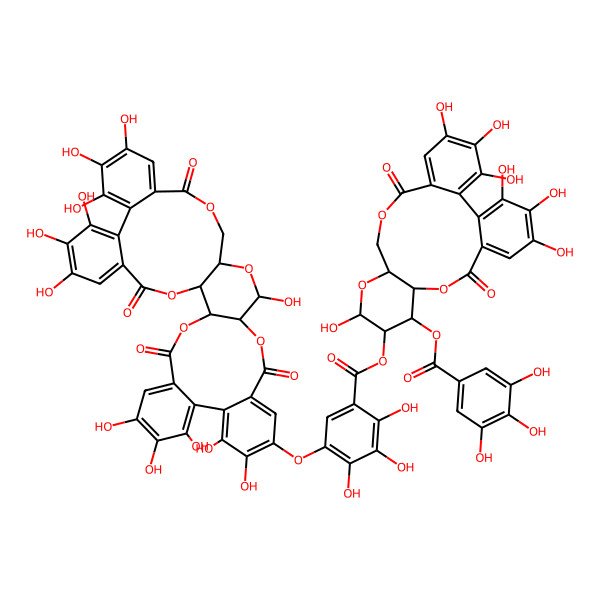 2D Structure of [3,4,5,13,21,22,23-Heptahydroxy-8,18-dioxo-11-(3,4,5-trihydroxybenzoyl)oxy-9,14,17-trioxatetracyclo[17.4.0.02,7.010,15]tricosa-1(23),2,4,6,19,21-hexaen-12-yl] 5-[(7,8,9,12,13,20,28,29,30,33,34,35-dodecahydroxy-4,17,25,38-tetraoxo-3,18,21,24,39-pentaoxaheptacyclo[20.17.0.02,19.05,10.011,16.026,31.032,37]nonatriaconta-5,7,9,11,13,15,26,28,30,32,34,36-dodecaen-14-yl)oxy]-2,3,4-trihydroxybenzoate
