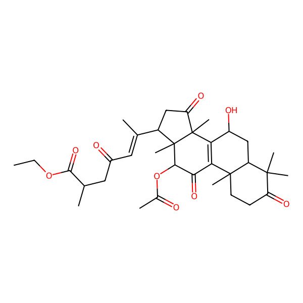 2D Structure of 12beta-Acetoxy-7beta-hydroxy-3,11,15,23-tetraoxo-5alpha-lanosta-8,20-dien-26-oic acid ethyl ester 2D Structure of 12beta-Acetoxy-7beta-hydroxy-3,11,15,23-tetraoxo-5alpha-lanosta-8,20-dien-26-oic acid ethyl ester
