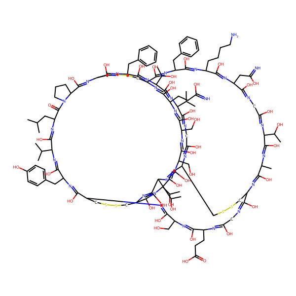 2D Structure of 3-[(1R,7S,10S,13R,16S,19S,22S,28S,31R,34S,37S,40S,46R,49S,52R,55S,58S,61S,64S,67R,70S,73S,76S,82S,85S)-73-(4-aminobutyl)-34,70-dibenzyl-2,5,8,11,14,17,20,29,32,35,38,41,44,47,50,53,56,59,62,65,68,71,74,77,80,83,86-heptacosahydroxy-37,49,55,82-tetrakis[(1R)-1-hydroxyethyl]-76-(2-hydroxy-2-iminoethyl)-64-(3-hydroxy-3-iminopropyl)-10,58,61-tris(hydroxymethyl)-16-[(4-hydroxyphenyl)methyl]-85-methyl-22-(2-methylpropyl)-23-oxo-19,40-di(propan-2-yl)-89,90,93,94,97,98-hexathia-3,6,9,12,15,18,21,24,30,33,36,39,42,45,48,51,54,57,60,63,66,69,72,75,78,81,84,87-octacosazapentacyclo[44.41.4.413,52.431,67.024,28]nonanonaconta-2,5,8,11,14,17,20,29,32,35,38,41,44,47,50,53,56,59,62,65,68,71,74,77,80,83,86-heptacosaen-7-yl]propanoic acid