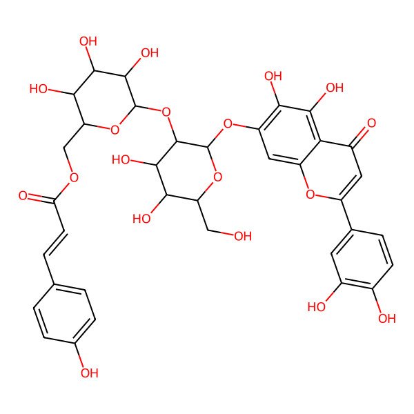 2D Structure of [6-[2-[2-(3,4-Dihydroxyphenyl)-5,6-dihydroxy-4-oxochromen-7-yl]oxy-4,5-dihydroxy-6-(hydroxymethyl)oxan-3-yl]oxy-3,4,5-trihydroxyoxan-2-yl]methyl 3-(4-hydroxyphenyl)prop-2-enoate