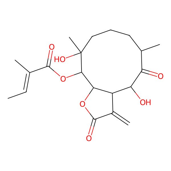 2D Structure of [(3aS,4S,6S,10R,11S,11aR)-4,10-dihydroxy-6,10-dimethyl-3-methylidene-2,5-dioxo-3a,4,6,7,8,9,11,11a-octahydrocyclodeca[b]furan-11-yl] (Z)-2-methylbut-2-enoate