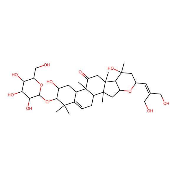 2D Structure of 8,16-Dihydroxy-6-[3-hydroxy-2-(hydroxymethyl)prop-1-enyl]-2,8,10,13,18,18-hexamethyl-17-[3,4,5-trihydroxy-6-(hydroxymethyl)oxan-2-yl]oxy-5-oxapentacyclo[11.8.0.02,10.04,9.014,19]henicos-19-en-12-one