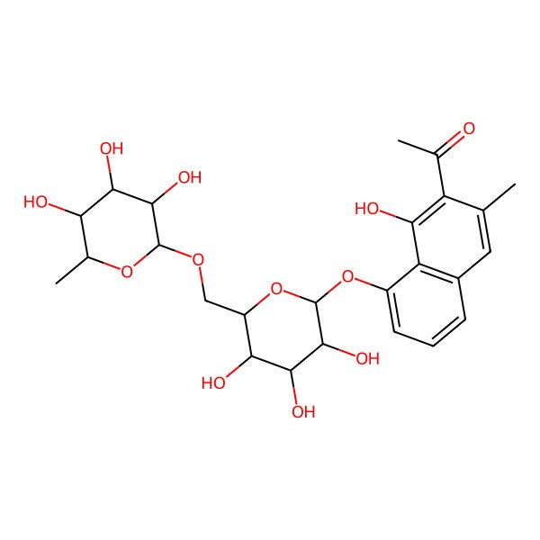 2D Structure of 1-[1-hydroxy-3-methyl-8-[(2S,3R,4S,5S,6R)-3,4,5-trihydroxy-6-[[(2R,3R,4R,5R,6S)-3,4,5-trihydroxy-6-methyloxan-2-yl]oxymethyl]oxan-2-yl]oxynaphthalen-2-yl]ethanone