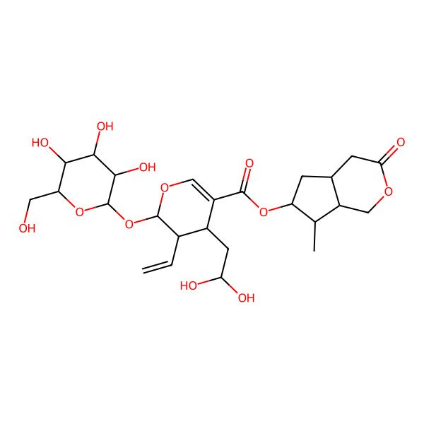 2D Structure of [(4aR,6S,7R,7aS)-7-methyl-3-oxo-4,4a,5,6,7,7a-hexahydro-1H-cyclopenta[c]pyran-6-yl] (2S,3R,4S)-4-(2,2-dihydroxyethyl)-3-ethenyl-2-[(2S,3R,4S,5S,6R)-3,4,5-trihydroxy-6-(hydroxymethyl)oxan-2-yl]oxy-3,4-dihydro-2H-pyran-5-carboxylate