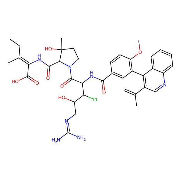 2D Structure of 2-[[1-[3-Chloro-5-(diaminomethylideneamino)-4-hydroxy-2-[[4-methoxy-3-(3-prop-1-en-2-ylquinolin-4-yl)benzoyl]amino]pentanoyl]-3-hydroxy-3-methylpyrrolidine-2-carbonyl]amino]-3-methylpent-2-enoic acid