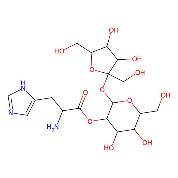 2D Structure of [(2R,3R,4S,5S,6R)-2-[(2S,3S,4S,5R)-3,4-dihydroxy-2,5-bis(hydroxymethyl)oxolan-2-yl]oxy-4,5-dihydroxy-6-(hydroxymethyl)oxan-3-yl] (2S)-2-amino-3-(1H-imidazol-5-yl)propanoate