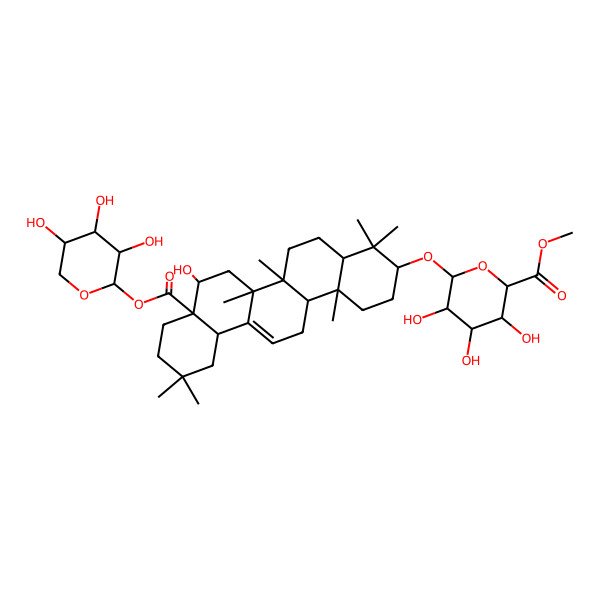 2D Structure of Methyl 3,4,5-trihydroxy-6-[[8-hydroxy-4,4,6a,6b,11,11,14b-heptamethyl-8a-(3,4,5-trihydroxyoxan-2-yl)oxycarbonyl-1,2,3,4a,5,6,7,8,9,10,12,12a,14,14a-tetradecahydropicen-3-yl]oxy]oxane-2-carboxylate