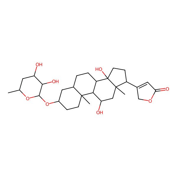 2D Structure of 3-[3-(3,4-dihydroxy-6-methyloxan-2-yl)oxy-11,14-dihydroxy-10,13-dimethyl-1,2,3,4,5,6,7,8,9,11,12,15,16,17-tetradecahydrocyclopenta[a]phenanthren-17-yl]-2H-furan-5-one