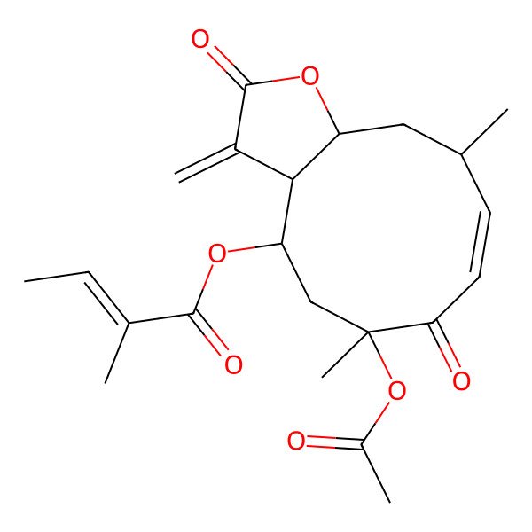 2D Structure of [(3aR,4S,6R,8E,10R,11aR)-6-acetyloxy-6,10-dimethyl-3-methylidene-2,7-dioxo-3a,4,5,10,11,11a-hexahydrocyclodeca[b]furan-4-yl] (Z)-2-methylbut-2-enoate
