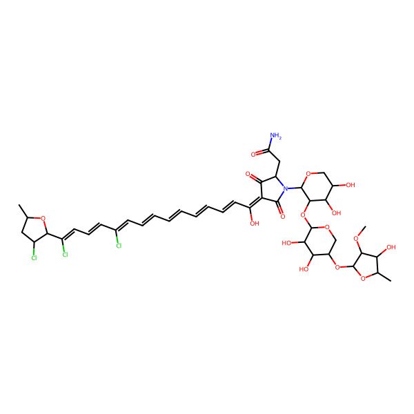 2D Structure of 2-[(2S,4Z)-4-[(2E,4E,6E,8E,10Z,12E,14Z)-11,15-dichloro-15-[(2S,3S,5R)-3-chloro-5-methyloxolan-2-yl]-1-hydroxypentadeca-2,4,6,8,10,12,14-heptaenylidene]-1-[(2R,3R,4S,5R)-3-[(2S,3S,4S,5R)-3,4-dihydroxy-5-[(2S,3S,4R,5R)-4-hydroxy-3-methoxy-5-methyloxolan-2-yl]oxyoxan-2-yl]oxy-4,5-dihydroxyoxan-2-yl]-3,5-dioxopyrrolidin-2-yl]acetamide