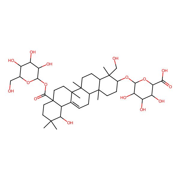 2D Structure of (2R,3R,4S,5S,6S)-6-[[(3S,4R,4aR,6aR,6bR,8aS,12R,12aR,14aS,14bR)-12-hydroxy-4-(hydroxymethyl)-4,6a,6b,11,11,14b-hexamethyl-8a-[(2R,3S,4R,5S,6S)-3,4,5-trihydroxy-6-(hydroxymethyl)oxan-2-yl]oxycarbonyl-1,2,3,4a,5,6,7,8,9,10,12,12a,14,14a-tetradecahydropicen-3-yl]oxy]-3,4,5-trihydroxyoxane-2-carboxylic acid