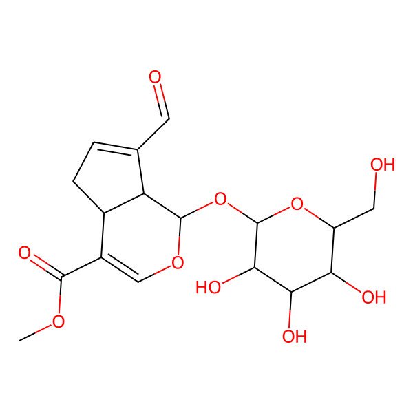 2D Structure of methyl (1S,4aS,7aS)-7-formyl-1-[(2S,3R,4S,5S,6R)-3,4,5-trihydroxy-6-(hydroxymethyl)oxan-2-yl]oxy-1,4a,5,7a-tetrahydrocyclopenta[c]pyran-4-carboxylate