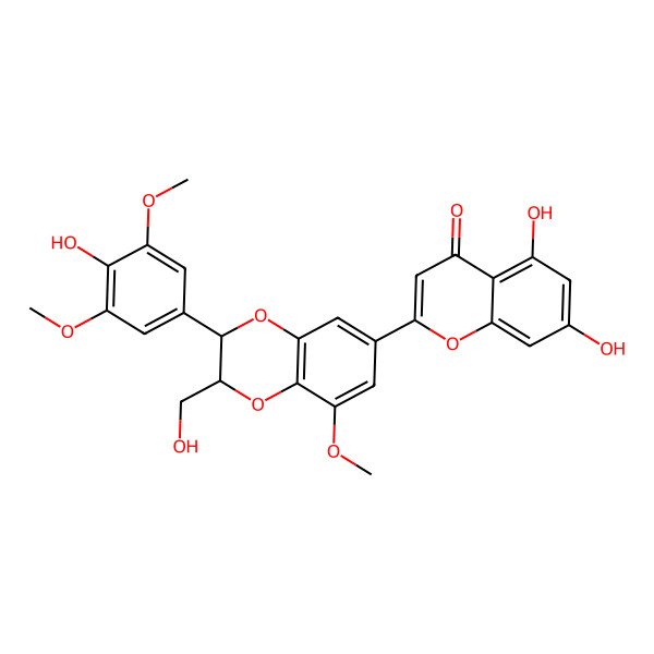 2D Structure of 5,7-Dihydroxy-2-[2-(4-hydroxy-3,5-dimethoxyphenyl)-3-(hydroxymethyl)-5-methoxy-2,3-dihydro-1,4-benzodioxin-7-yl]chromen-4-one