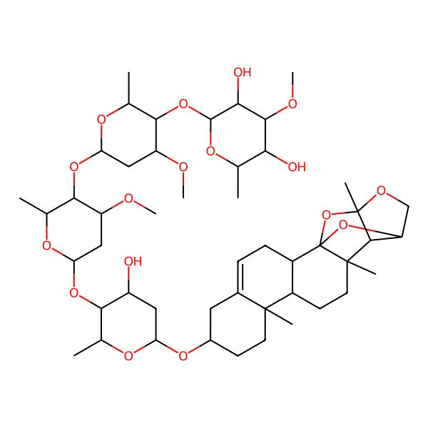 2D Structure of (2S,4S,5R)-2-[(3R,4R,6S)-6-[(3R,4R,6S)-6-[(3S,4R,6R)-4-hydroxy-2-methyl-6-[[(1S,2R,7S,10R,11S,14R,15R,16R,19S)-10,14,16-trimethyl-17,20,21-trioxahexacyclo[14.4.1.01,14.02,11.05,10.015,19]henicos-4-en-7-yl]oxy]oxan-3-yl]oxy-4-methoxy-2-methyloxan-3-yl]oxy-4-methoxy-2-methyloxan-3-yl]oxy-4-methoxy-6-methyloxane-3,5-diol