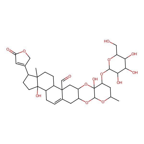 2D Structure of (3R,5S,7R,9S,10S,12R,14S,15S,18R,19R,22S,23R)-10,22-dihydroxy-7,18-dimethyl-19-(5-oxo-2H-furan-3-yl)-9-[(2S,3R,4S,5S,6R)-3,4,5-trihydroxy-6-(hydroxymethyl)oxan-2-yl]oxy-4,6,11-trioxahexacyclo[12.11.0.03,12.05,10.015,23.018,22]pentacos-1(25)-ene-14-carbaldehyde