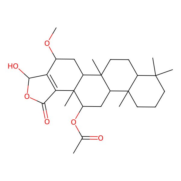 2D Structure of rel-(3R,4R,5aS,5bR,7aS,11aS,11bR,13R,13aS)-3-hydroxy-4-methoxy-5b,8,8,11a,13a-pentamethyl-1-oxo-1,3,4,5,5a,5b,6,7,7a,8,9,10,11,11a,11b,12,13,13a-octadecahydrochryseno[2,1-c]furan-13-yl acetate