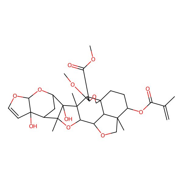 2D Structure of methyl (1R,4S,5R,6S,7R,8S,10S,14S,15S,16R,18S,19R,22R,23R,26R)-7,14-dihydroxy-4-methoxy-6,16,22-trimethyl-23-(2-methylprop-2-enoyloxy)-3,9,11,17,20-pentaoxaoctacyclo[17.6.1.18,15.01,5.06,18.07,16.010,14.022,26]heptacos-12-ene-4-carboxylate